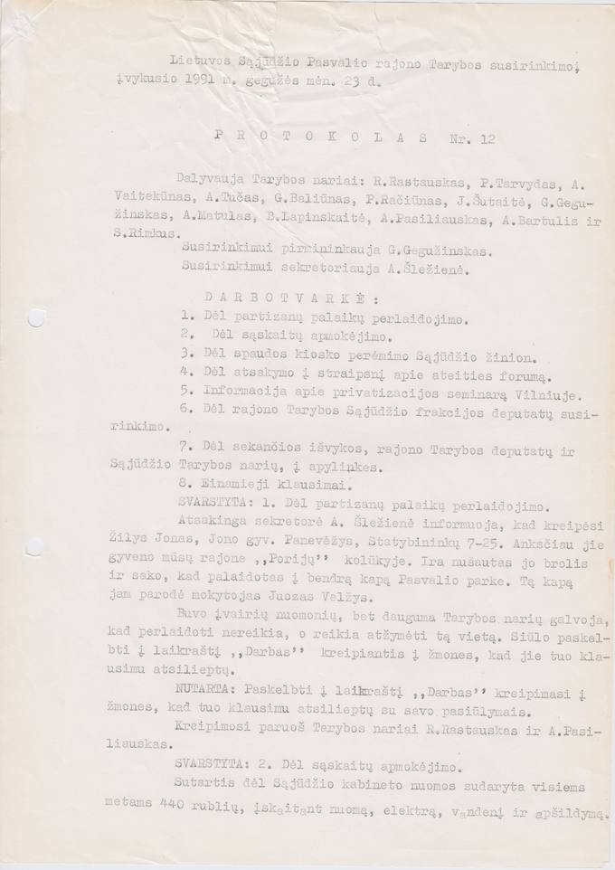 Lietuvos Sajūdžio Pasvalio rajono Tarybos susirinkimo, įvykusio 1991 m. gegužės 23 d., PROTOKOLAS Nr. 12